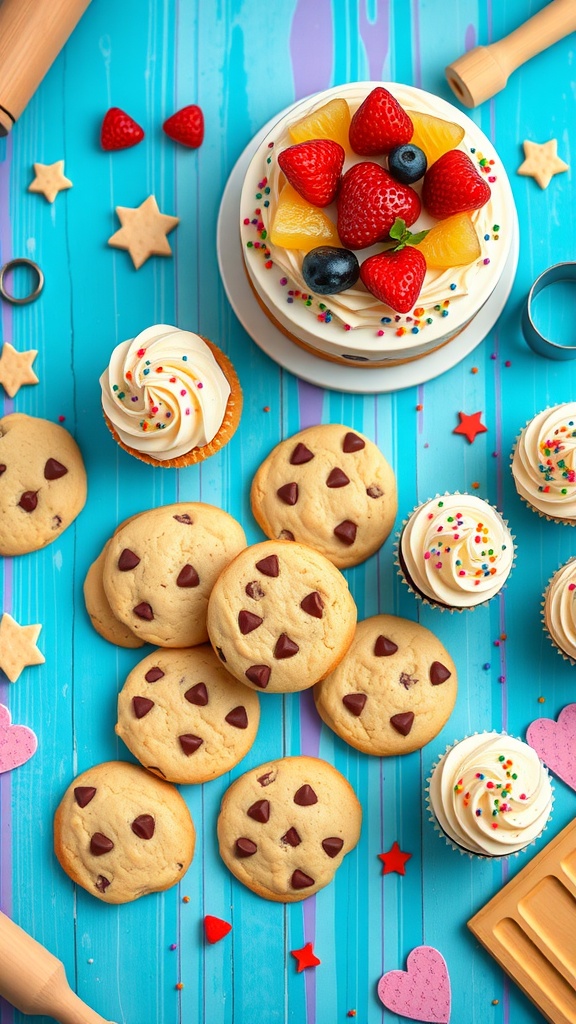 A variety of delicious baked goods including cookies, cupcakes, and cake on a bright table.